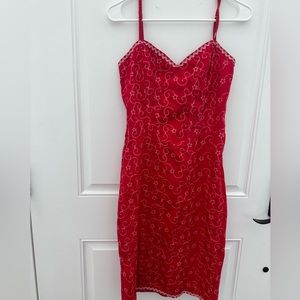Betsy Johnson vintage red sweetheart embroidered dress with rouche back.